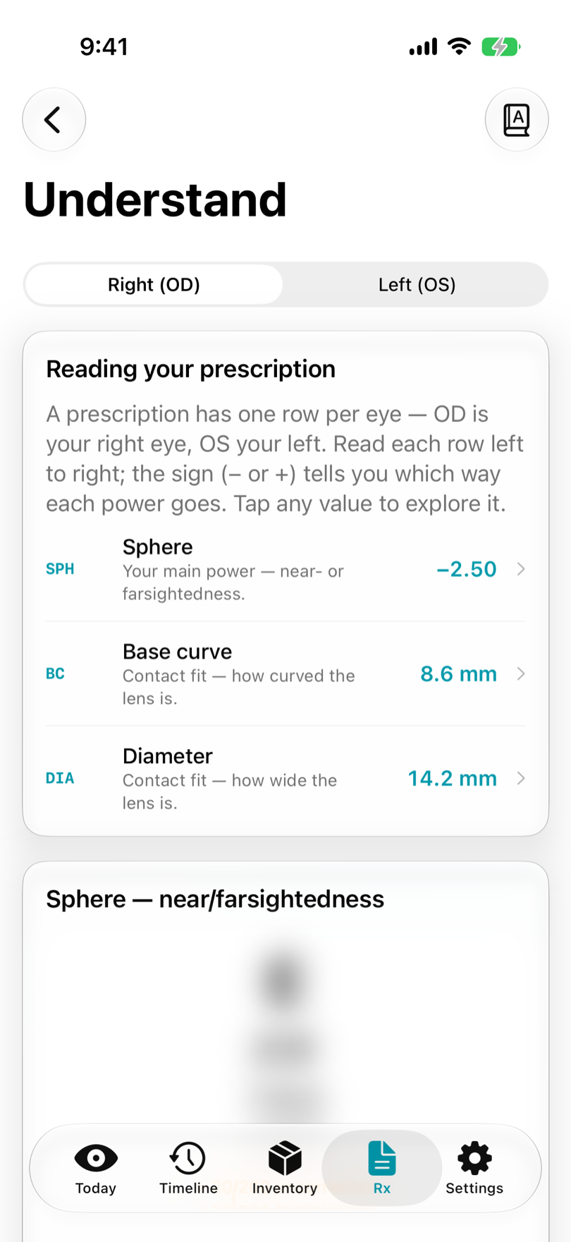 Understand screen: an interactive walkthrough explaining sphere, base curve, and diameter in plain language