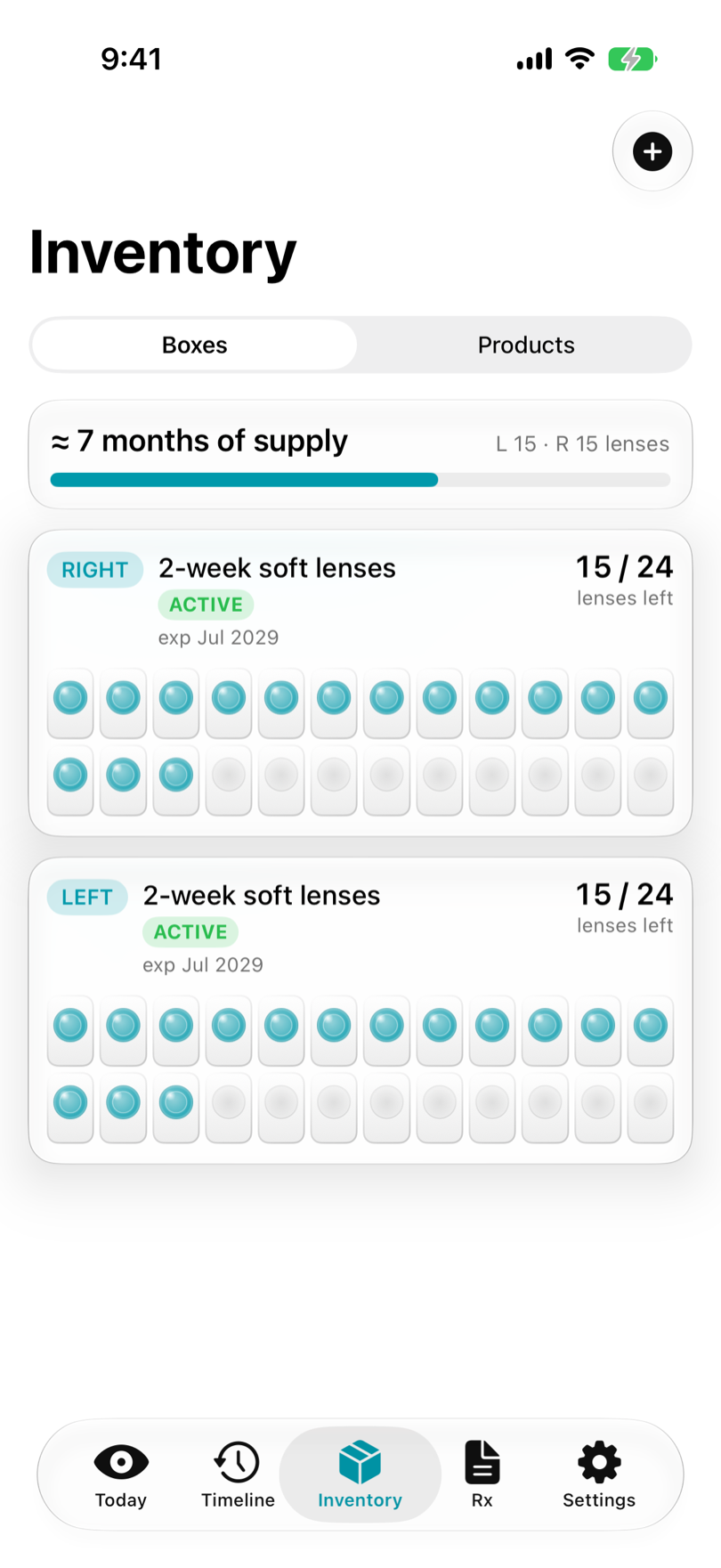 Inventory screen: boxes drawn as blister packs, 15 of 24 lenses left per eye, about 7 months of supply