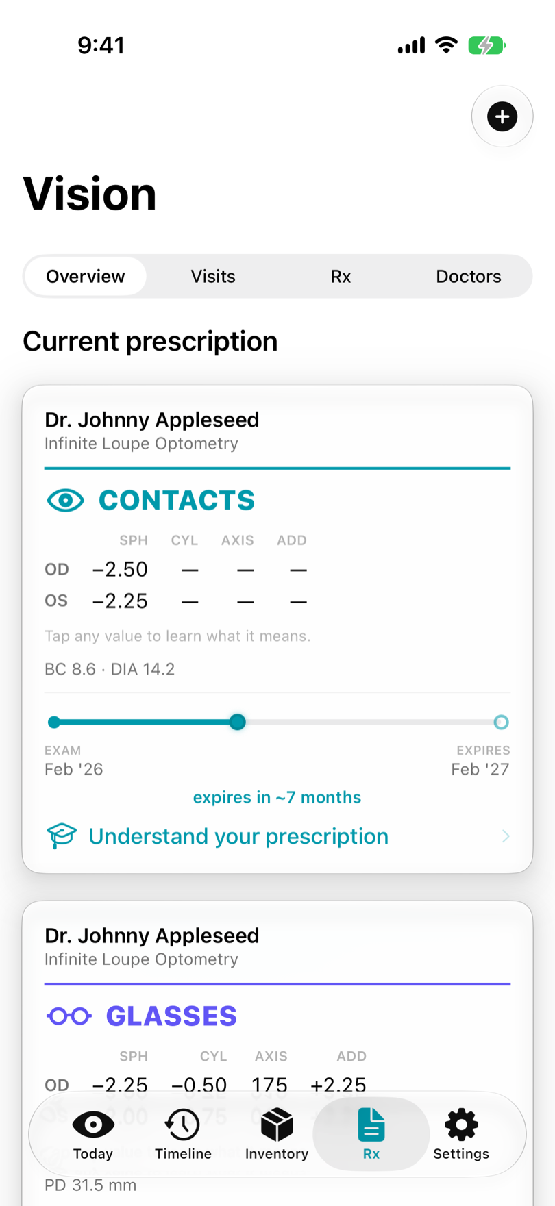 Vision screen: contacts and glasses prescriptions with exam-to-expiry countdowns