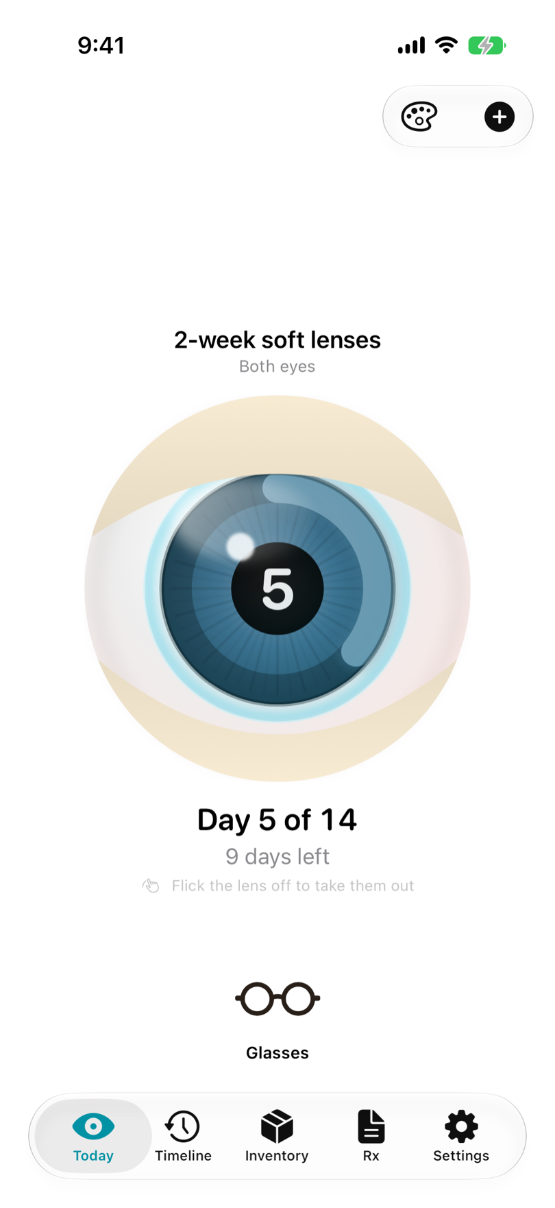LensLog Today screen with blue eyes